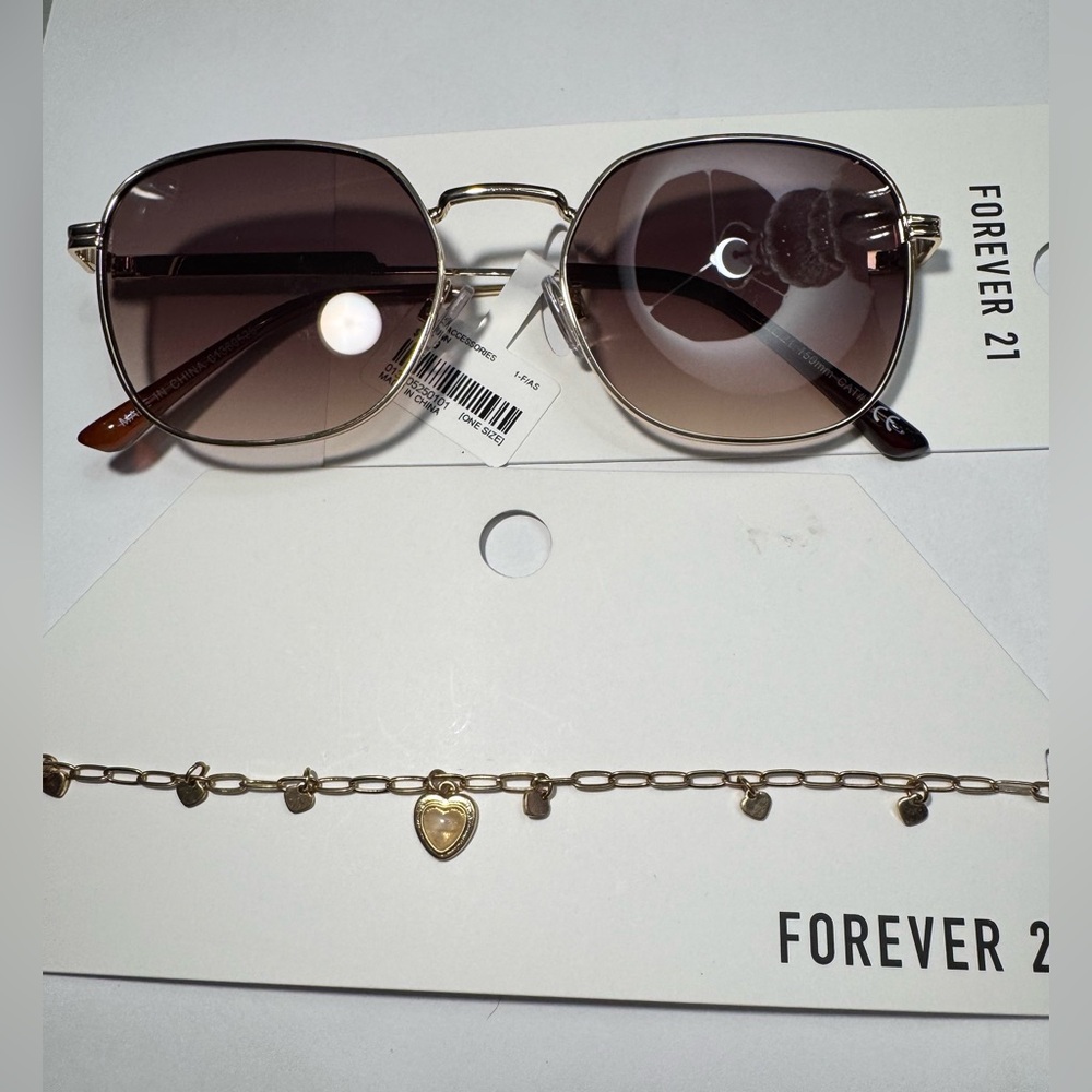 Forever 21 Bundle! Gold-Toned Sunglasses and Gold Heart Choker Necklace. New